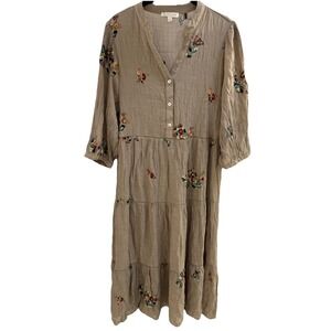 Fig + Flower Floral Embroidered Bohemian 3 Tiered Brown Dress Anthropology Sze L